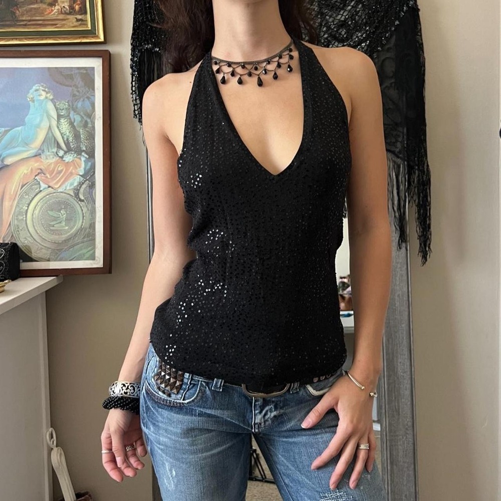 BCBG Black Sequined Silky Silk Knit Backless Halter Top Y2K 2000s Small - Picture 2 of 7